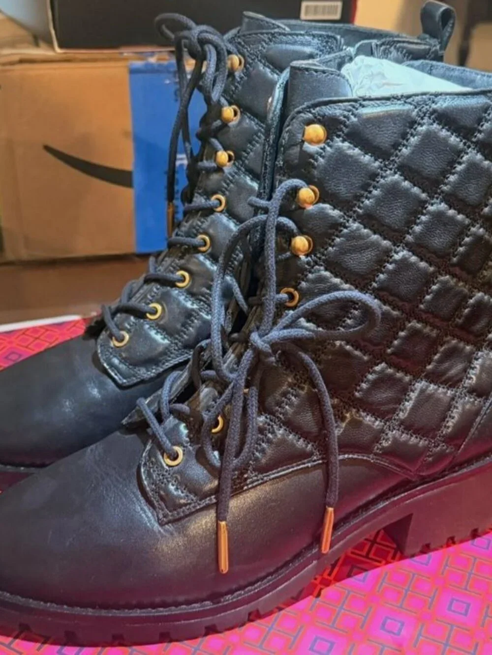 Brand new TORY BURCH sz 10.5 Black Quilted combat lug sole Boots 86203